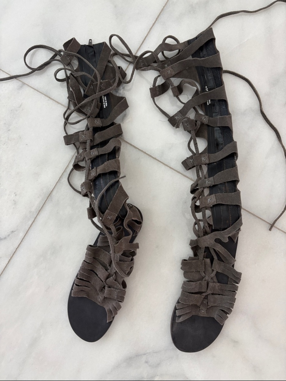 Free People Lace-Up Gladiator Flat Sandals in suede grey